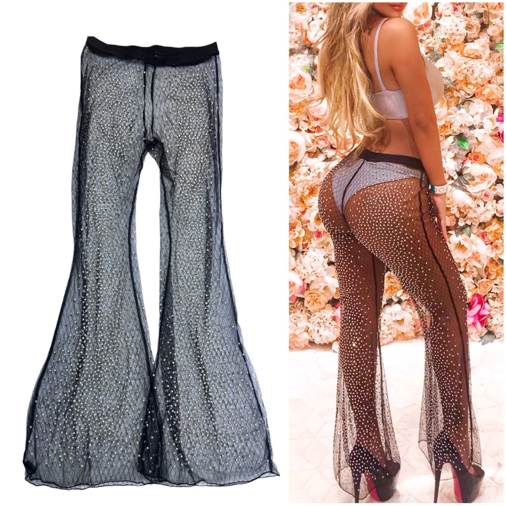 Sheer Black Pants with Colorful Beaded Embroidery - Perfect for Pool Parties